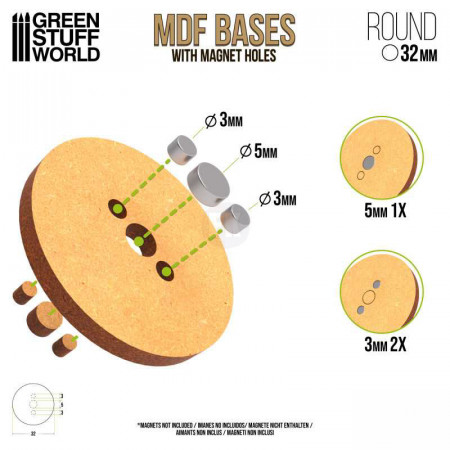 Drevotrieskové podstavce MDF Bases s otvormi na magnet - Round 32 mm (20 ks)
