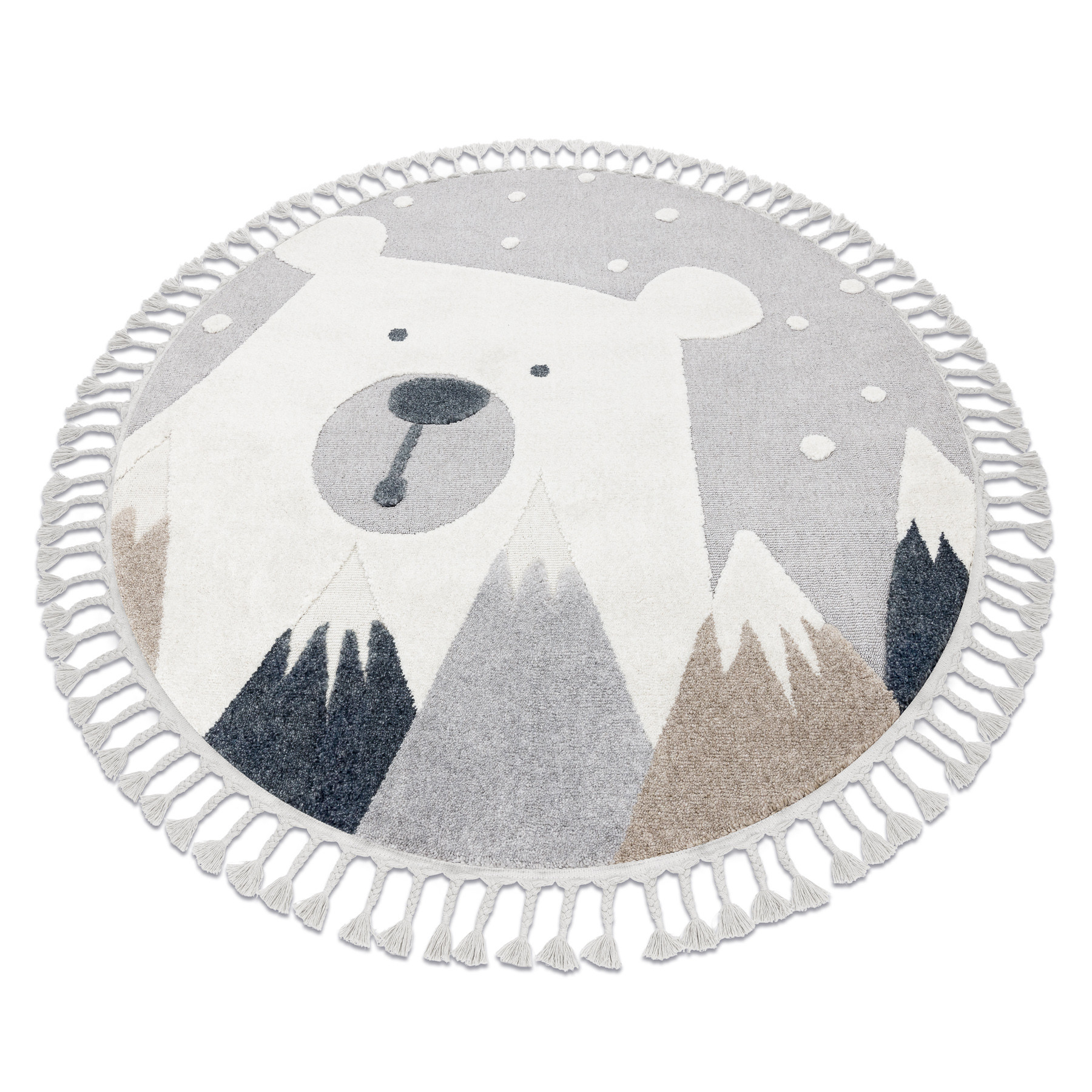 Dětský koberec YOYO EY81 kruh šedý / bílý - medvěd, hory