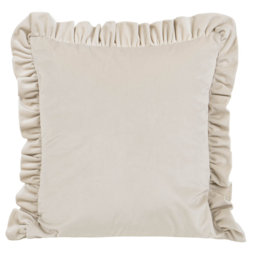 Sametový povlak na polštář zdobený na okrajích volány - krémová