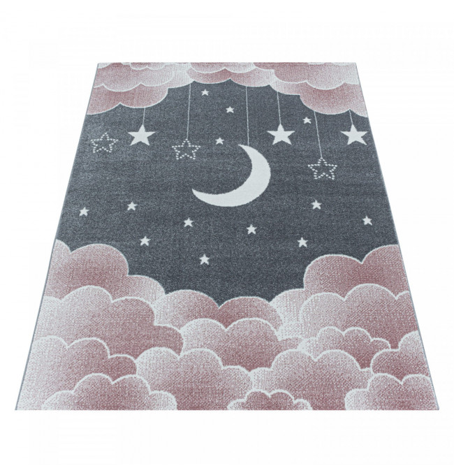 Dětský koberec Funny měsíc nad oblaky, růžový / šedý