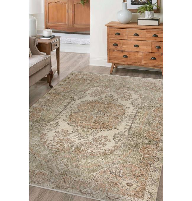 Ručně tkaný vlněný koberec Vintage 10290 ornament / květy, béžový / zelený