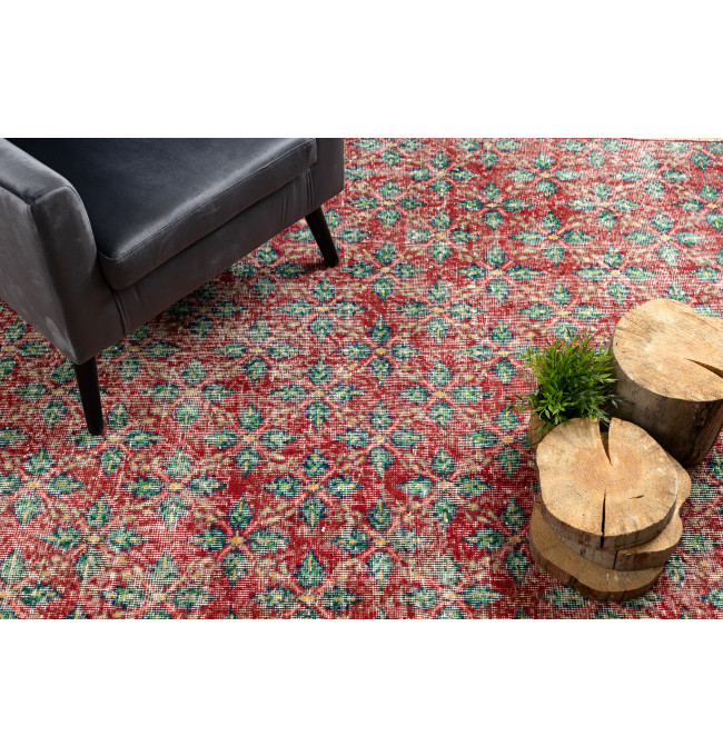 Ručně tkaný vlněný koberec Vintage 10399 listí, červený / zelený