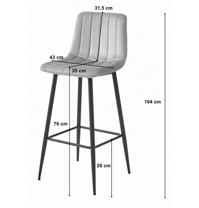 Set dvou barových židlí POZZA sametově stříbrná (černé nohy) 2 ks