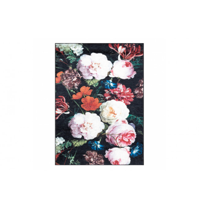 Koberec protišmykový ANDRE 1629 Kvety - čierny / ružový