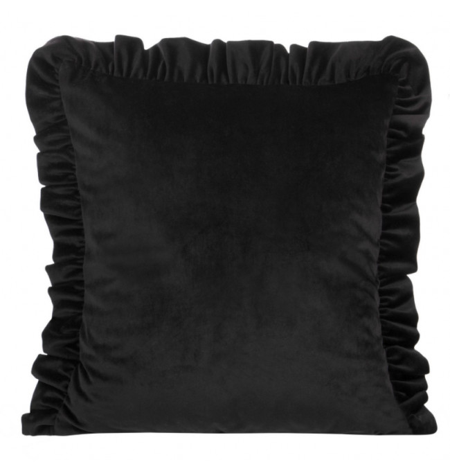 Sametový povlak na polštář zdobený na okrajích volány  - černý