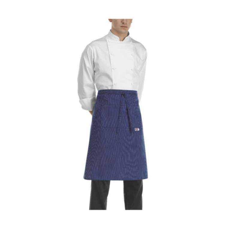 Kuchárska zástera nízka s vreckom EGOchef - modré jemné biele pásy