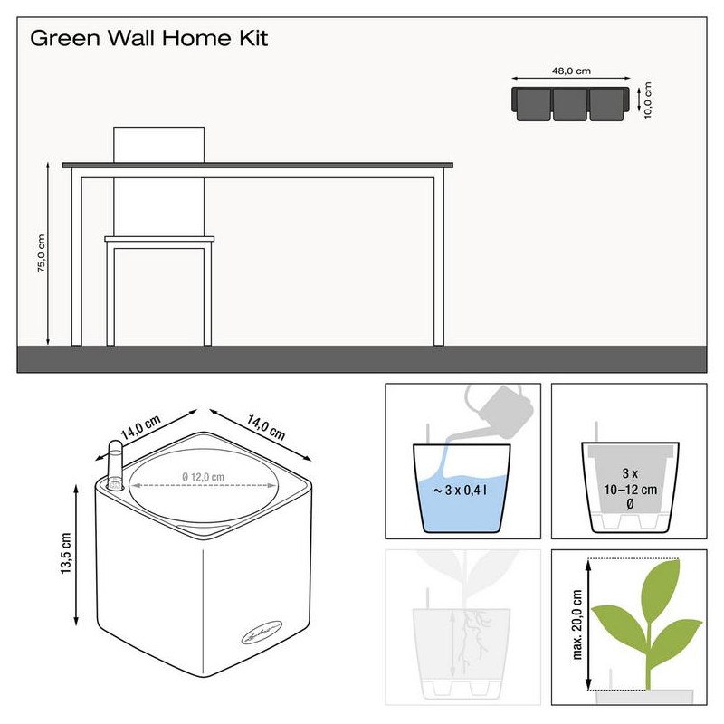 Lechuza magnetický držiak na zelenú stenu - súprava 3 ks kvetináčov Cube green wall home kit color All inclusive set charcoal antracitová lesklá 14x14x14cm