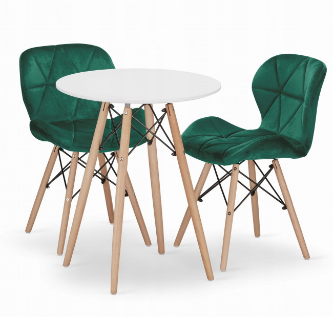 Jedálenský stôl TODI biely 60 cm s dvoma stoličkami LAGO zelené