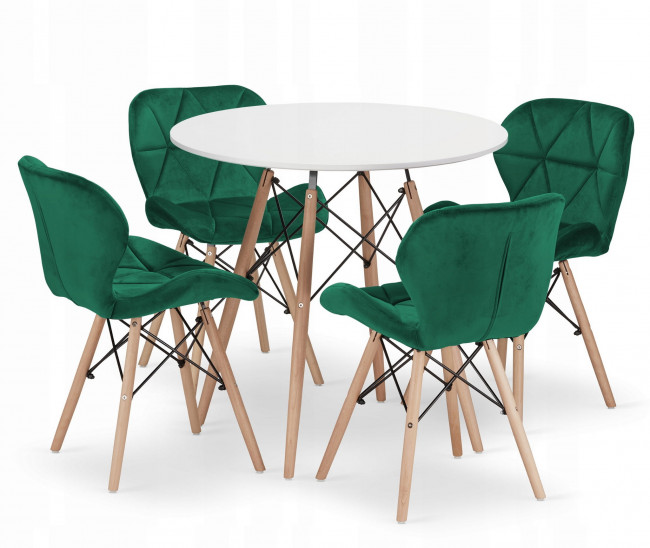 Jedálenský stôl TODI biely 80 cm so štyrmi stoličkami LAGO zamatové zelené