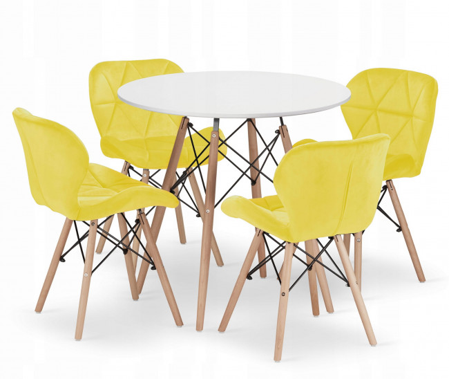 Jedálenský stôl TODI biely 80 cm so štyrmi stoličkami LAGO zamatové žlté