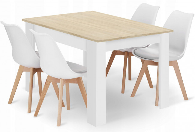Jedálenský stôl dub sonoma / biely so štyrmi stoličkami MARK biele / hnedé