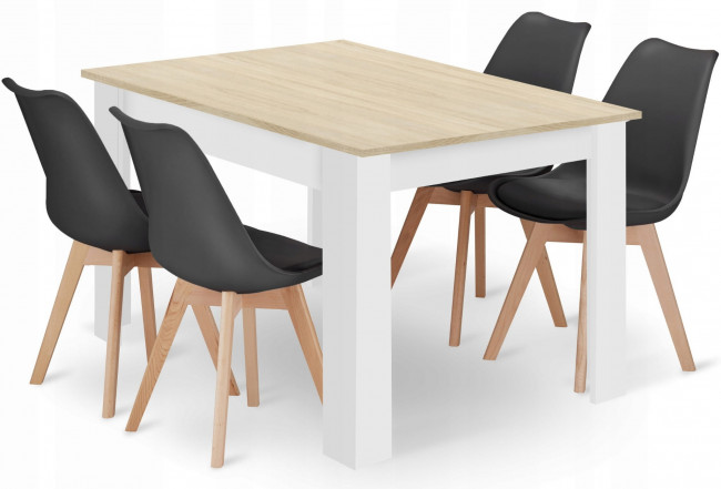 Jedálenský stôl dub sonoma / biely so štyrmi stoličkami MARK čierne / hnedé