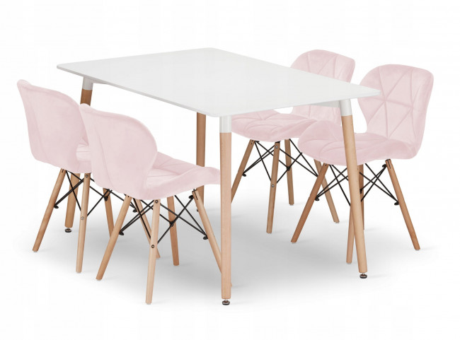 Jedálenský stôl ADRIA biely so štyrmi stoličkami LAGO zamatové ružové