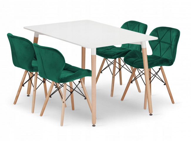 Jedálenský stôl ADRIA biely so štyrmi stoličkami LAGO zamatové zelené