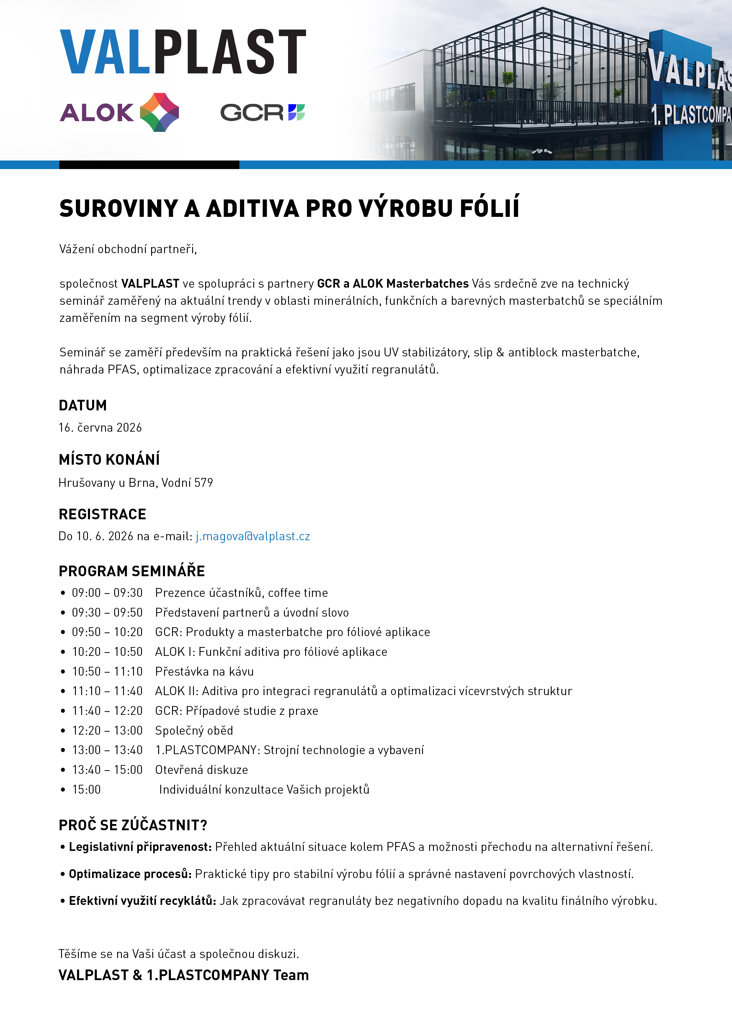 Pozvánka na technický seminář SUROVINY A ADITIVA PRO VÝROBU FÓLIÍ