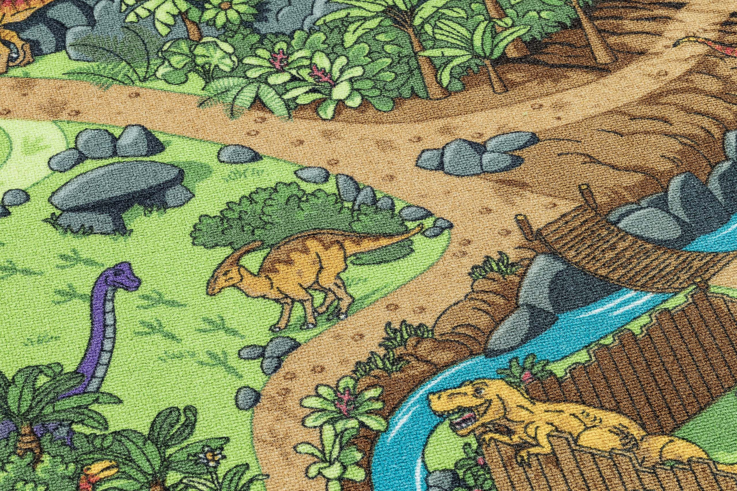 Detský koberec REBEL ROADS Dino World 29 Dinosaury, protišmykový - sivý / zelený
