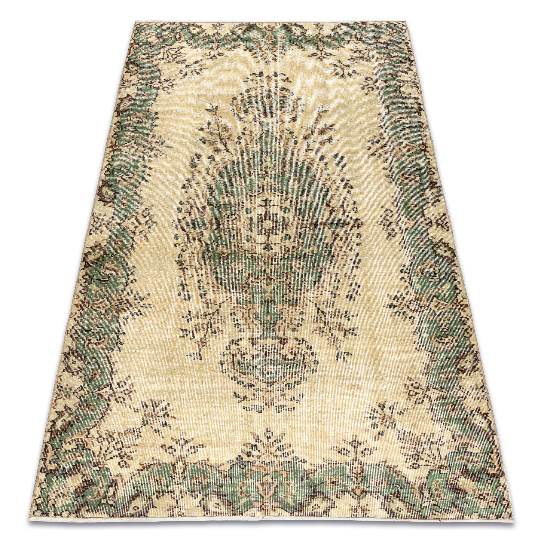 Ručne tkaný vlnený koberec Vintage 10005 ornament / kvety, béžový / zelený