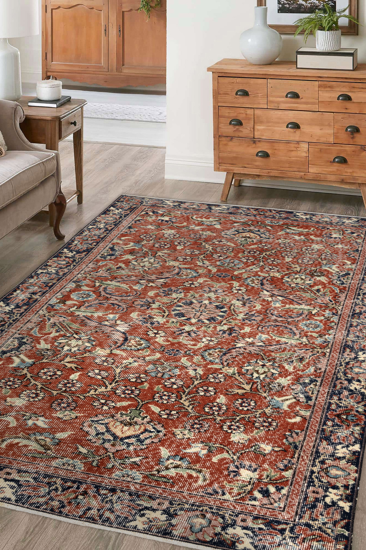 Ručne tkaný vlnený koberec Vintage 10181 rám / kvety, tehlový / zelený