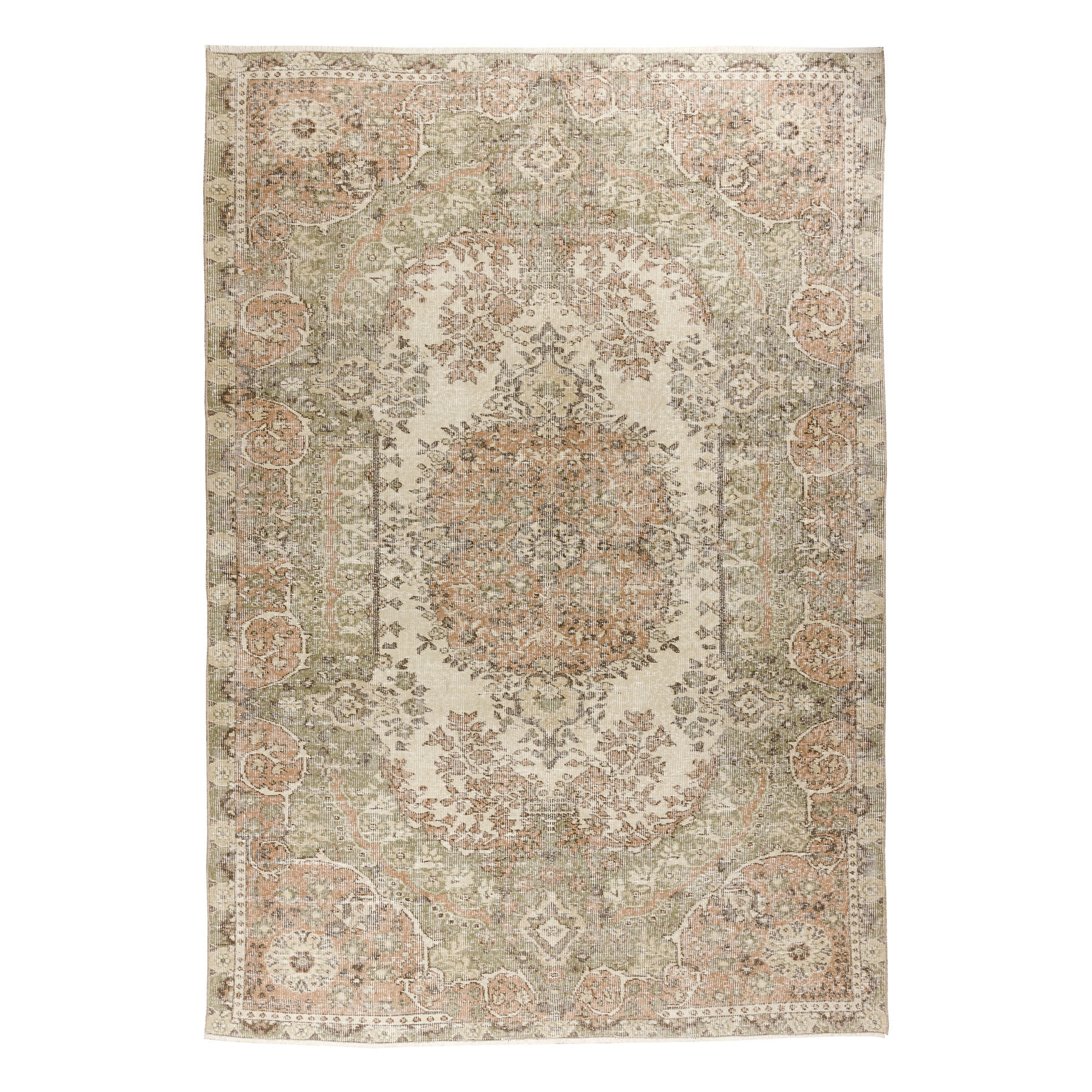 Ručne tkaný vlnený koberec Vintage 10290 ornament / kvety, béžový / zelený