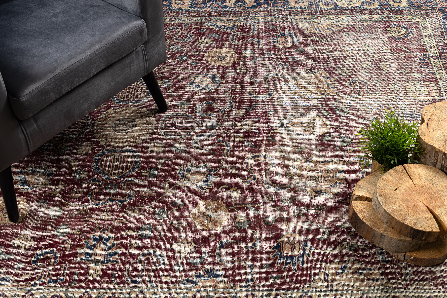 Ručne tkaný vlnený koberec Vintage 10665 rám / ornament, bordový / modrý