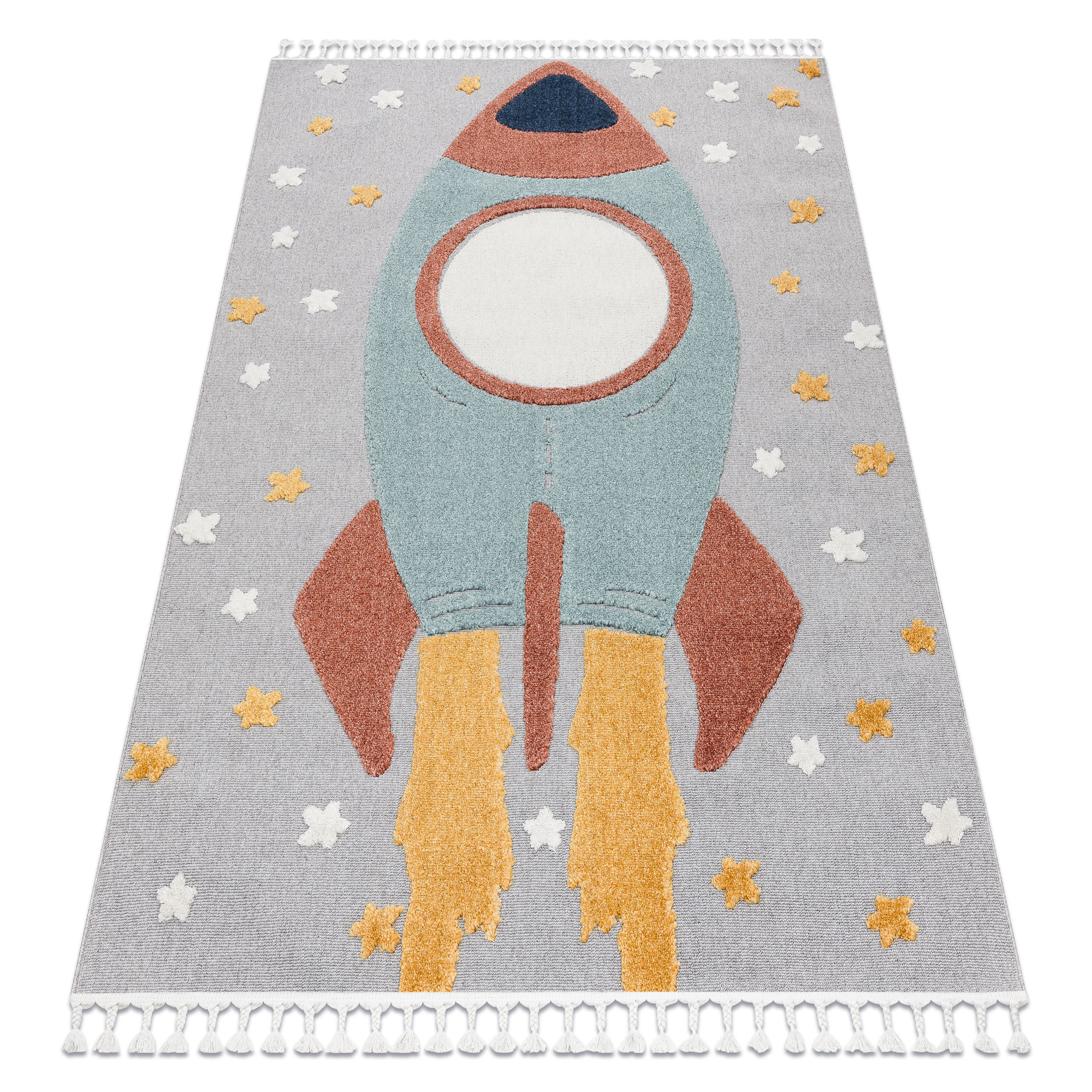 Detský koberec YOYO GD55 sivý / modrý, hviezdičky, raketa