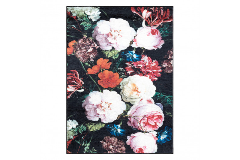 Koberec protiskluzový ANDRE 1629 Květiny - černý / růžový