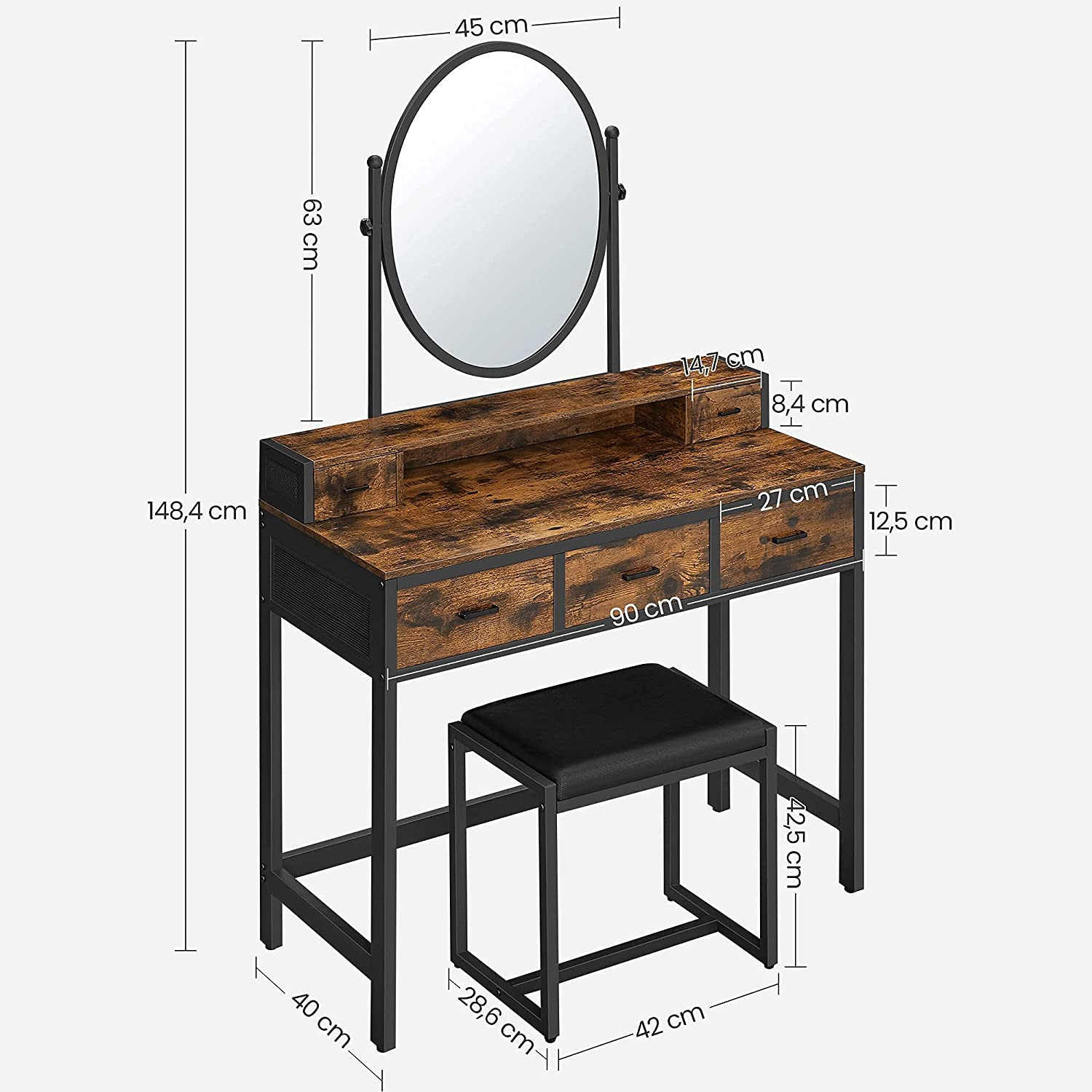 Toaletný stolík so zrkadlom a stolčekom RVT006B01