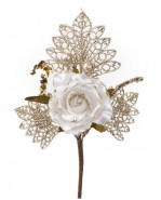 MagicHome Vianočná vetvička s kvetom 26 cm  bielo-zlatá