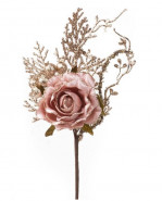 MagicHome Vianočná vetvička s ružou ružovo - zlatá 26cm
