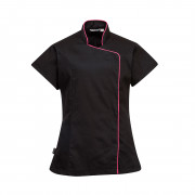 Damen kochjacke/tunika PORTWEST WRAP - schwarz mit rosa besatz