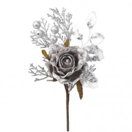 MagicHome Vianočná vetvička s ružou sivá 26 cm