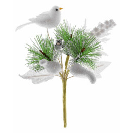 MagicHome Vianočná vetvička s vtáčikom, biela, 18 cm