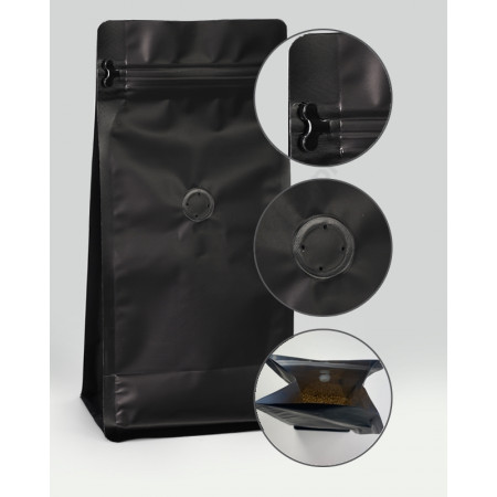 Vrecká na kávu ploché dno s vnútorným ventilom 110x70x215 100ks 250g čierne