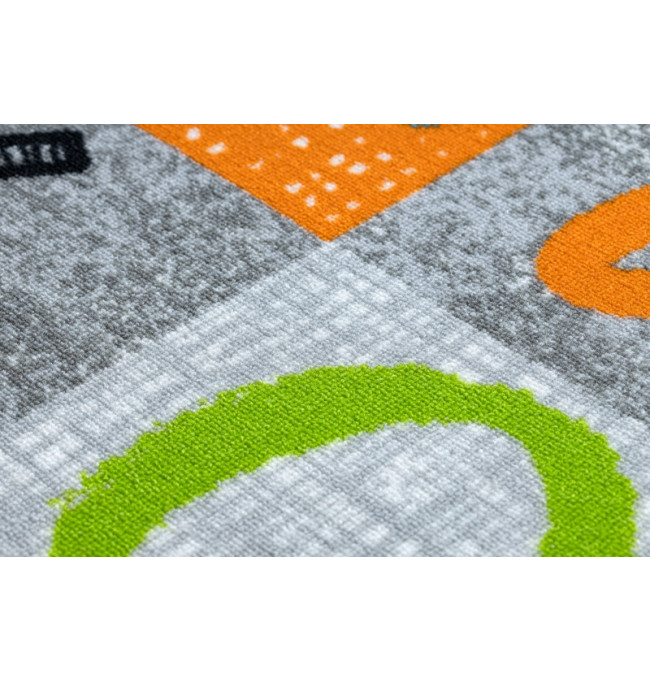 Dětský metrážový koberec JUMPY šedý/pomarančový/nebeský