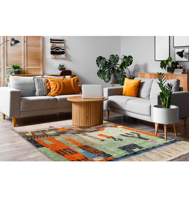 Ručne tkaný vlnený koberec BERBER MR4296 Beni Mrirt berber abstraktný, zelený / oranžový