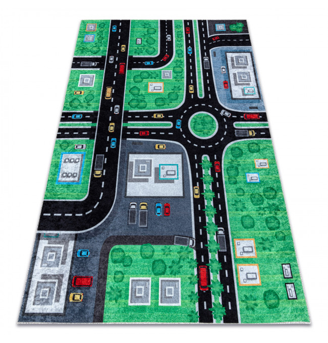 Dětský koberec JUNIOR 52052.802 město / uličky, zelený / černý