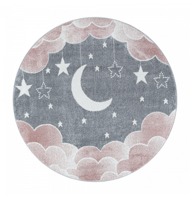 Dětský koberec Funny měsíc nad oblaky růžový / šedý, kruh