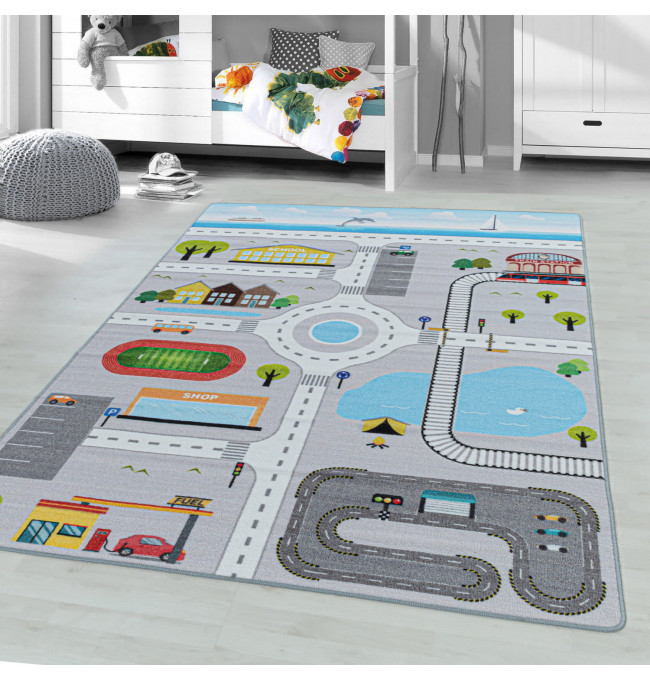 Detský protišmykový koberec Play uličky sivý