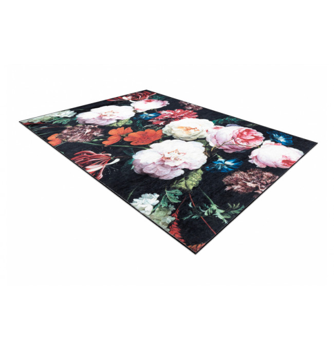 Koberec protišmykový ANDRE 1629 Kvety - čierny / ružový
