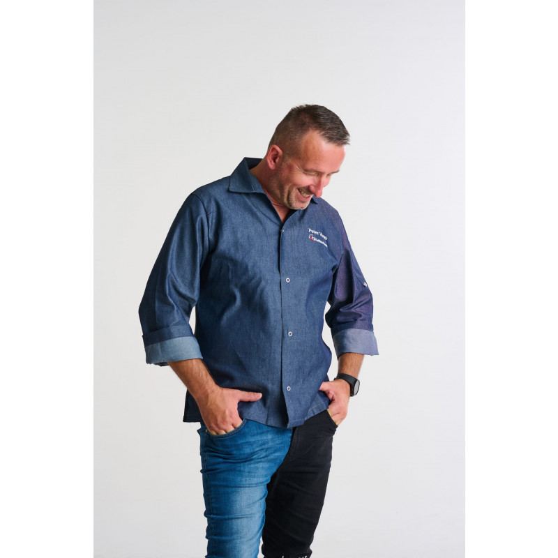 Kuchársky rondon EGOchef VIP s košeľovým strihom UNISEX - jeans - dlhý rukáv