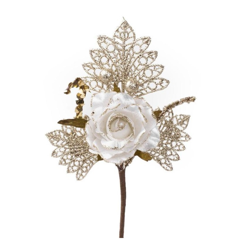 MagicHome Vianočná vetvička s kvetom 26 cm  bielo-zlatá