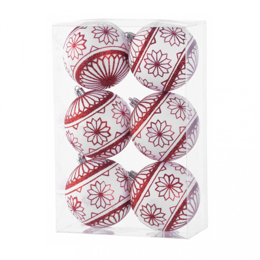 Sada vianočných gúľ s ornamentmi MagicHome  6 ks, biela, červená