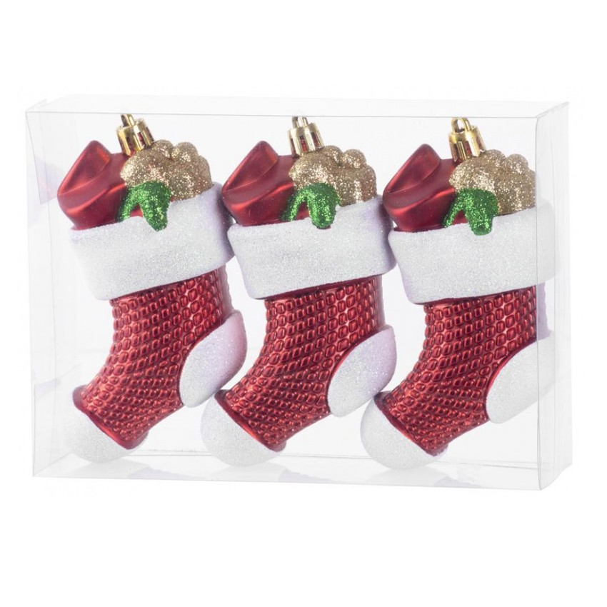 Ozdoba MagicHome Vianoce, sada, 3 ks, 11 cm, ponožky, červené, na vianočný stromček