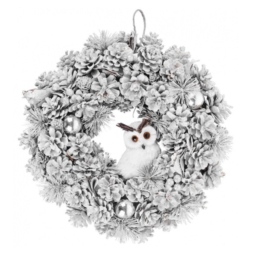 Veniec MagicHome Vianoce, so sovou, zasnežený, závesný, 40x40x12 cm