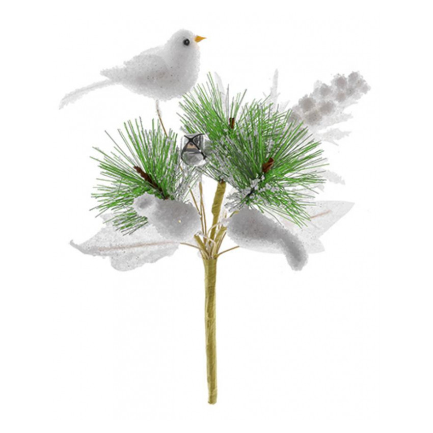 MagicHome Vianočná vetvička s vtáčikom 18 cm  biela